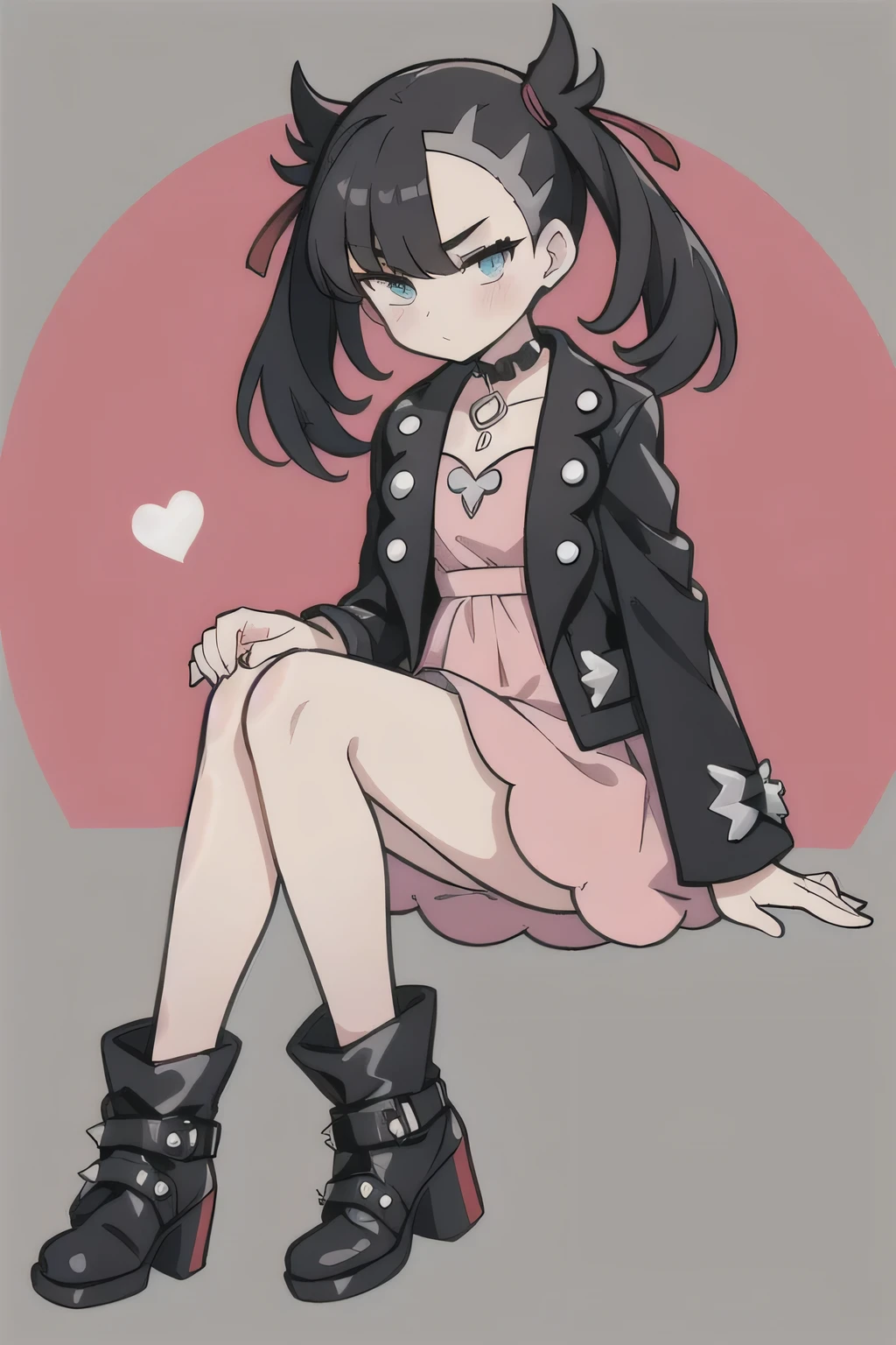 (masterpiece, best quality), 1girl,  marnie pokemon, black hair, medium hair, Punk, modern, and rebellious style featuring a short black leather jacket with spikes and silver buttons, a soft pink dress with a scalloped hemline for a feminine touch, a choker with a pendant as an accessory, black boots with silver details and red soles paired with folded socks, and two pointed pigtails tied with red ribbons, creating a unique and striking appearance."