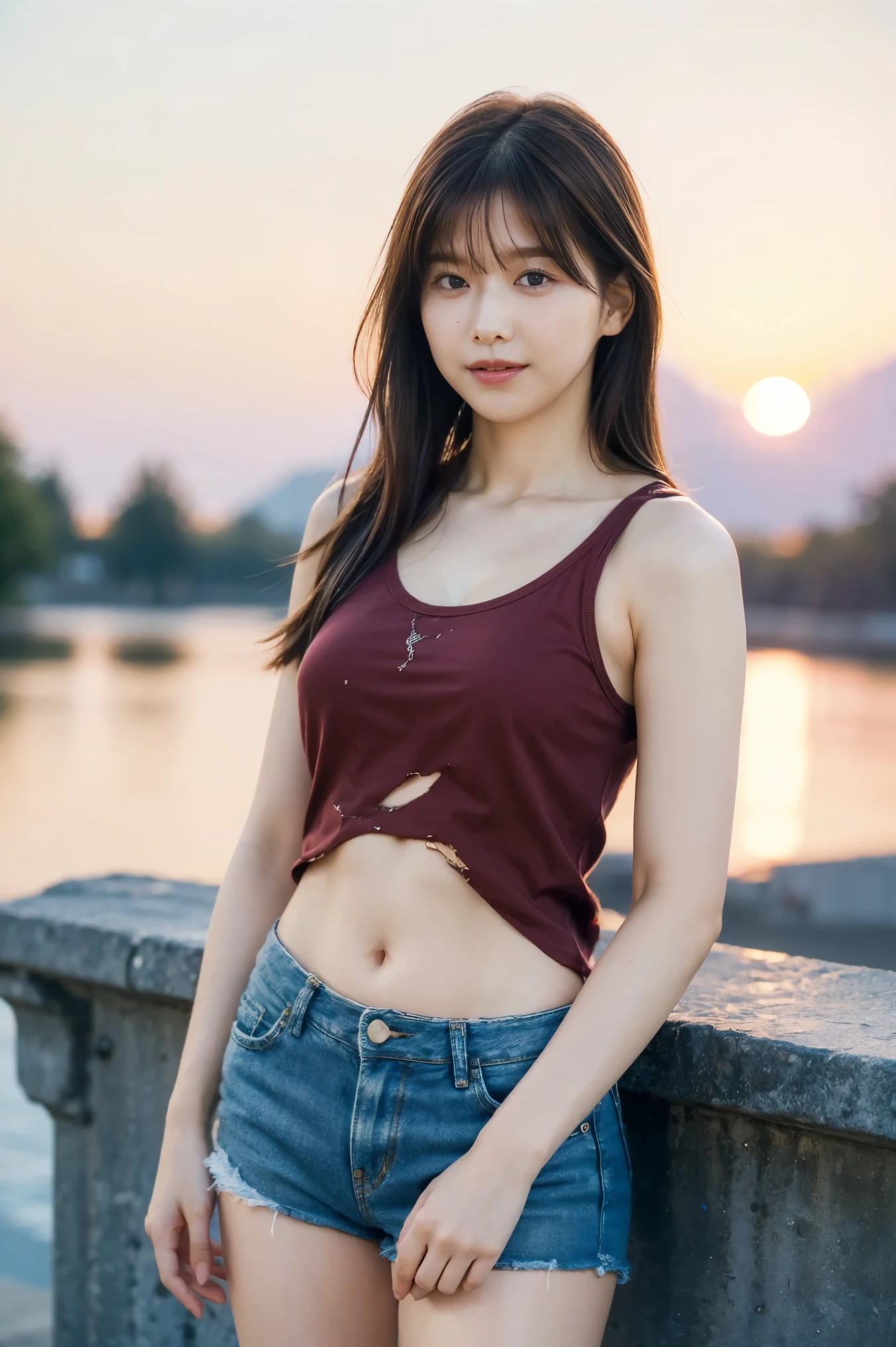 nsfw:1.2, from below:1.4,front focus:1.5,(8k RAW photo,Live Shooting, top quality, masterpiece:1.37), Extreme light and shadow, full body shot :1.5, Shiny Maroon Hair , long hair, , ( Clean brown eyes 、 Sparkling Eyes , fine grain)、smile、 Super Detailed Eyes Caught Between Pillars、 very detailed face 、 very detailed eyes ,, one girl, Alone、 Masterpiece , COWBOY SHOOTING 、 super high resolution,nsfw、 one girl, , ( short tank top, damaged denim shorts)), white skin,( Sunset Background:1.4),