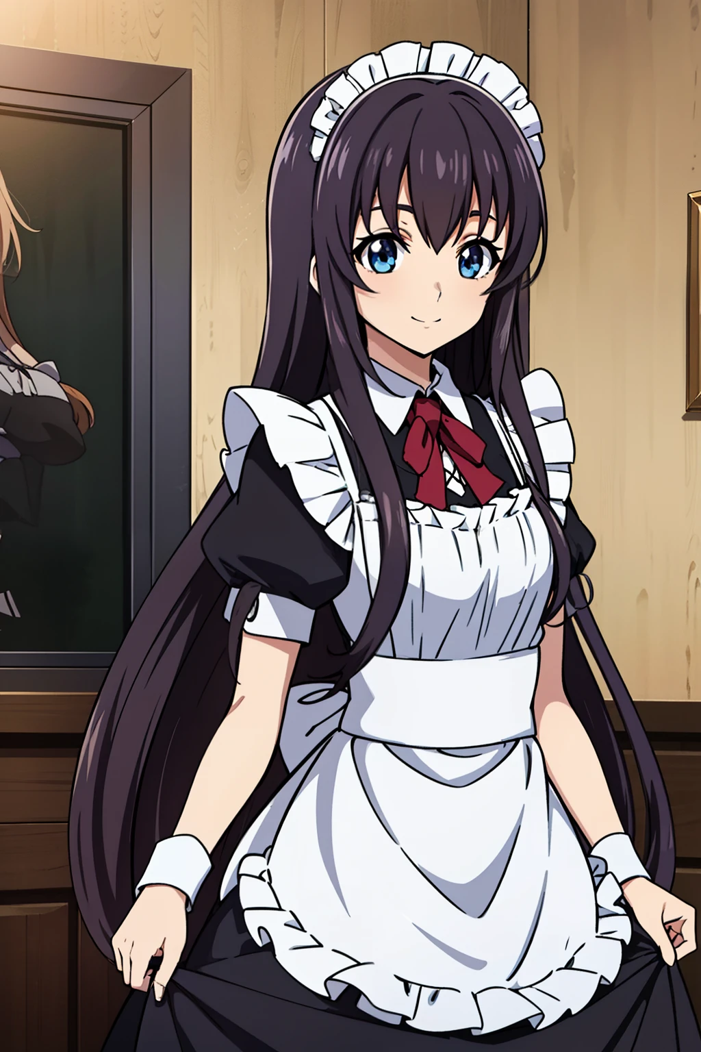 from side, 1 girl, cute, black hair, long hair, 髪band, (skirt hold), (bowing), (smile), (Gothic coffee shop), ((maid)), (anime cels style, Masterpiece, best quality, high resolution, anime colored, megami magazine:1.2, anime poster style, anime keyvisual, sharp, 8k, photorealistic), beautiful blue eyes