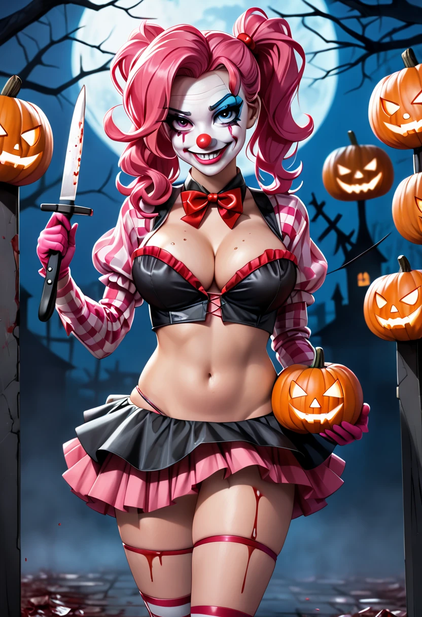 Woman dressed as a clown painted her face like a clown with a big psychopath smile and blood on her face with a chainsaw in her hands and with a fat butt