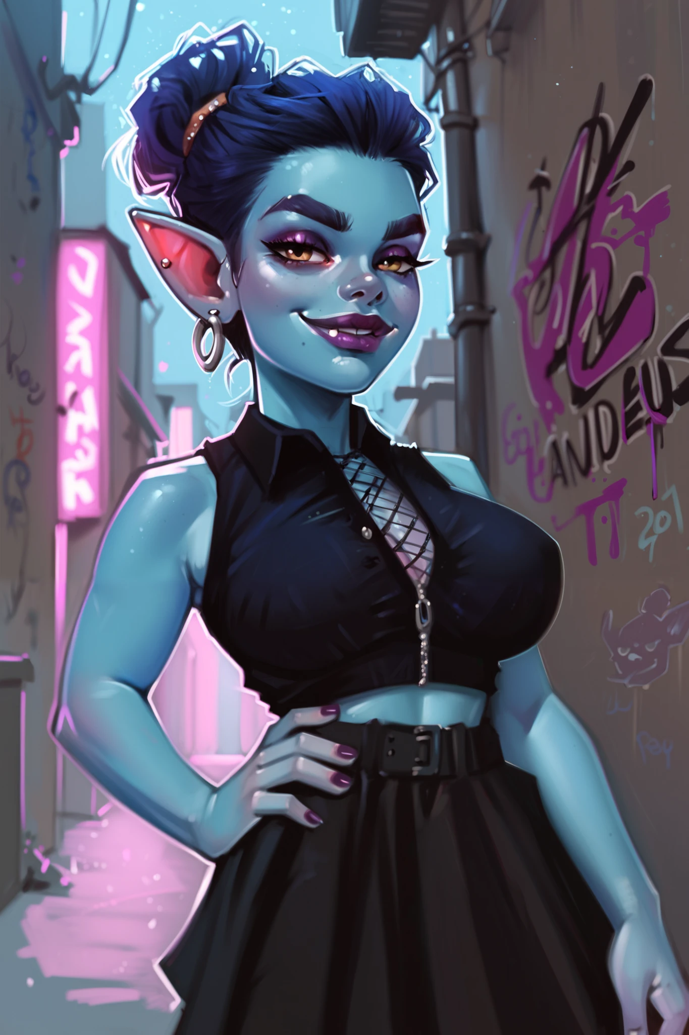 score_9, score_8_up, score_7_up, score_6_up, aesthetic ,  gangster, goblin, (blue skin:1.3), outdoors, alley, night, graffiti, solo,  dutch angle,  g0thicPXL,  purple lips, (big lips:0.6), (close up), portrait, large breasts, smug, smirk, skinny,  (shortstack:0.6), skirt, updo hair, Rotten Forest