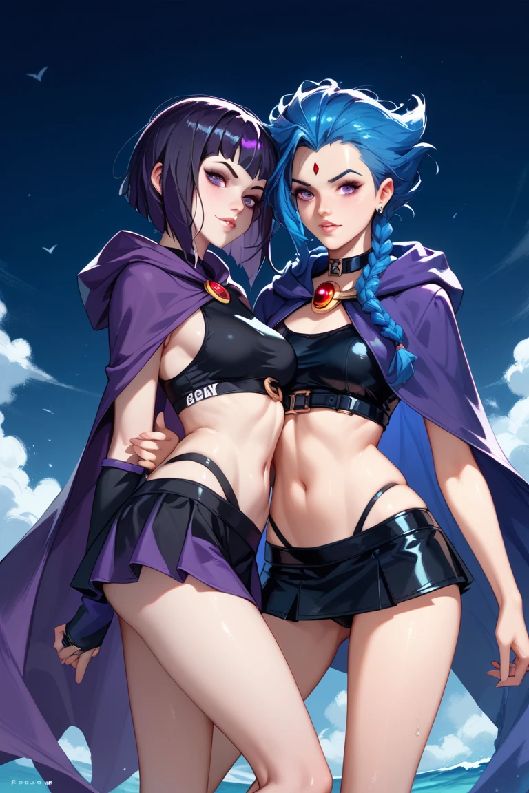 ((Artwork)), ((8K)), (Anime style), (Two female twin sisters), (strong body), short blue hair for one of them, long hair for the other, black eyes, serious look, wearing black bra, black haori with white and gold details, wearing red haori pants.