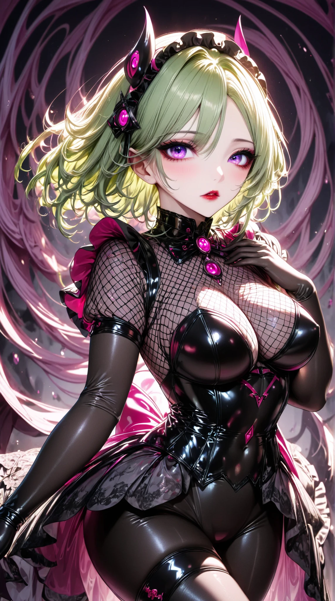  mature beautiful woman with ,(masterpiece, top quality, very detailed depiction , incredible high resolution ,High quality anime drawings),(Magical girl costume based on black and pink, Designed to combine demonic elements with classic maid features, Latex Bodysuit ,Latex pleated skirt ,Body net suit, black tights, thigh high boots ),( green hair,Swirling Eyes,Purple Eyes, Hollow Eyes:1.3, Mind Control:1.3,hypnotism, glamorous body, slender ,Curvaceous Body,stoic,Empty look, villain style makeup with dark lipstick and eyeshadow ,Fall,Fallen into evil,Being manipulated,Beautiful legs, healthy legs,),( Action Poses Like a Sci-fi Hero Show ), standing, cowboy shot:1.3