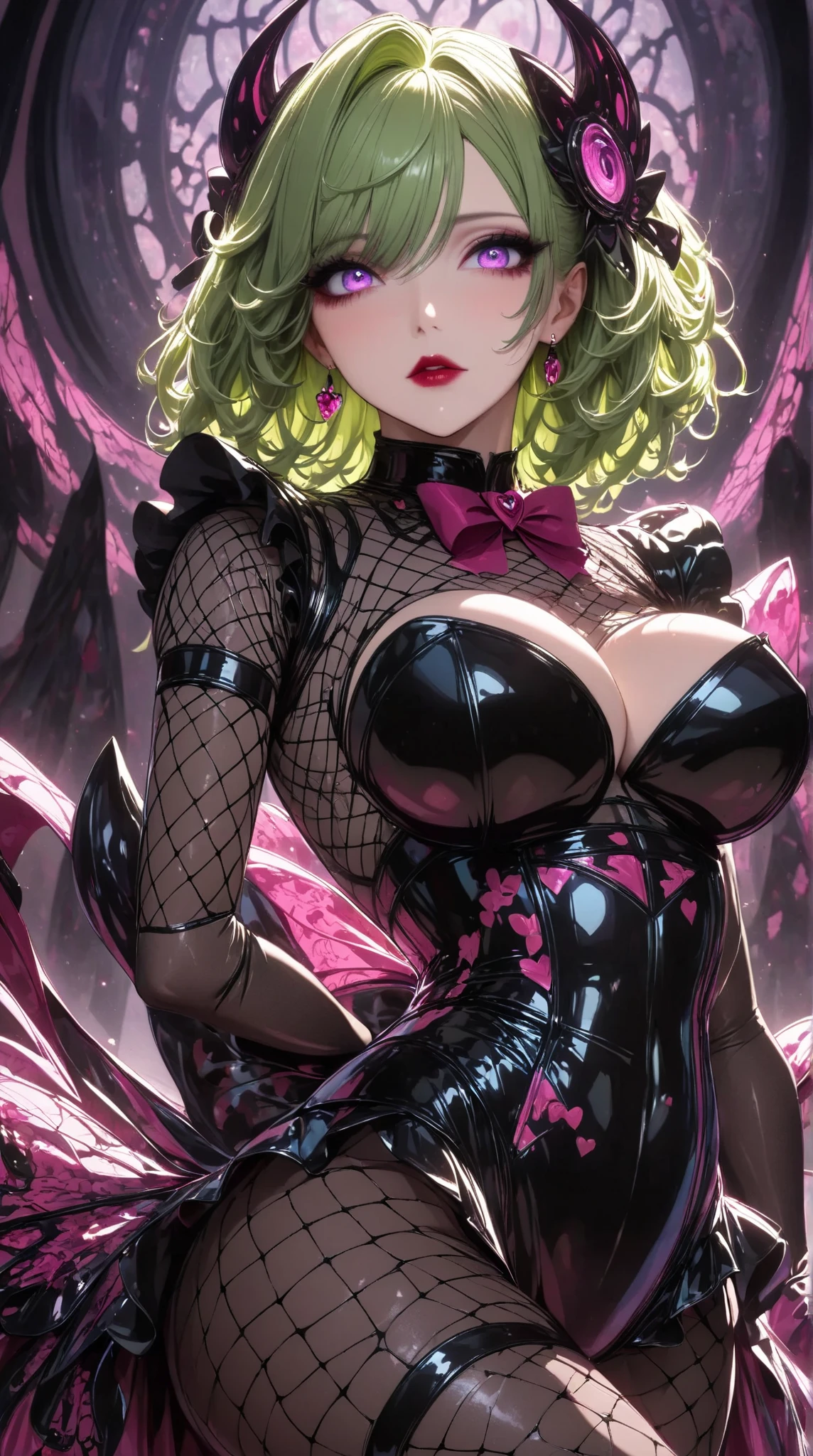  mature beautiful woman with ,(masterpiece, top quality, very detailed depiction , incredible high resolution ,High quality anime drawings),(Magical girl costume based on black and pink, Designed to combine demonic elements with classic maid features, Latex Bodysuit ,Latex pleated skirt ,Body net suit, black tights, thigh high boots ),( green hair,Swirling Eyes,Purple Eyes, Hollow Eyes:1.3, Mind Control:1.3,hypnotism, glamorous body, slender ,Curvaceous Body,stoic,Empty look, villain style makeup with dark lipstick and eyeshadow ,Fall,Fallen into evil,Being manipulated,Beautiful legs, healthy legs,),( Action Poses Like a Sci-fi Hero Show ), standing, cowboy shot:1.3