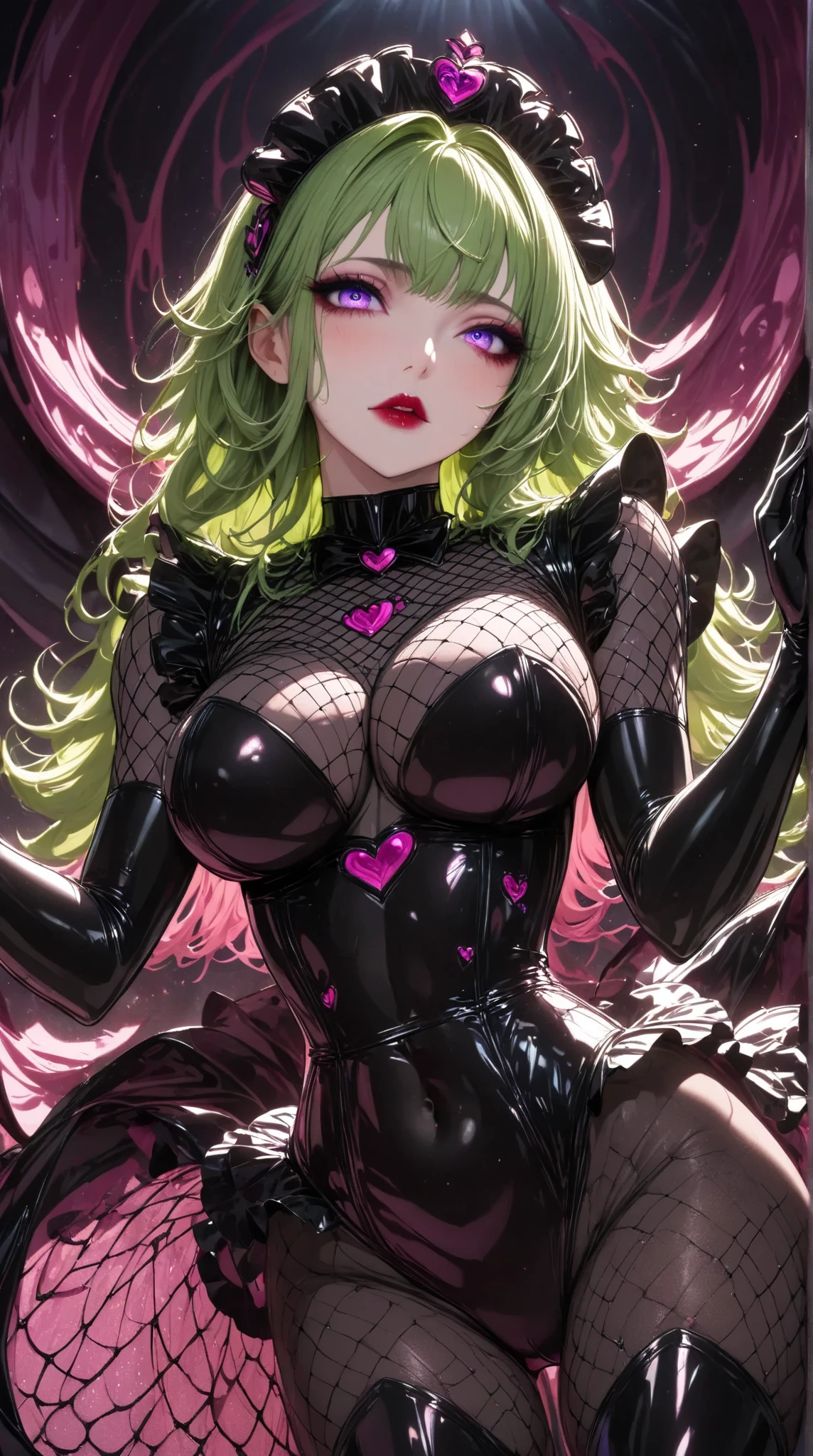  mature beautiful woman with ,(masterpiece, top quality, very detailed depiction , incredible high resolution ,High quality anime drawings),(Magical girl costume based on black and pink, Designed to combine demonic elements with classic maid features, Latex Bodysuit ,Latex pleated skirt ,Body net suit, black tights, thigh high boots ),( green hair,Swirling Eyes,Purple Eyes, Hollow Eyes:1.3, Mind Control:1.3,hypnotism, glamorous body, slender ,Curvaceous Body,stoic,Empty look, villain style makeup with dark lipstick and eyeshadow ,Fall,Fallen into evil,Being manipulated,Beautiful legs, healthy legs,),( Action Poses Like a Sci-fi Hero Show ), standing, cowboy shot:1.3