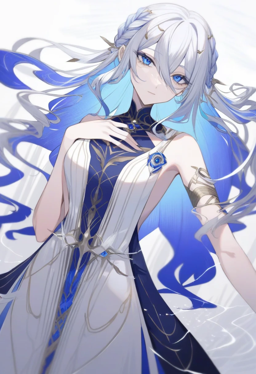 An incredibly beautiful woman with long white hair, curls at the end, curly short sidelocks and long tiny braid sidelocks and blue eyes with White lashes, She usually wears a long black dark blue dress, with a square opening over her chest, and a high silver belt. The bottom of the dress resembles reeds. She wears a thick golden usekh or wesekh, with an inner layer of blue with golden gems or beads. She wears one thin silver armlet on each lower arm. She has blue markings over her eyes, and light blue markings under them.