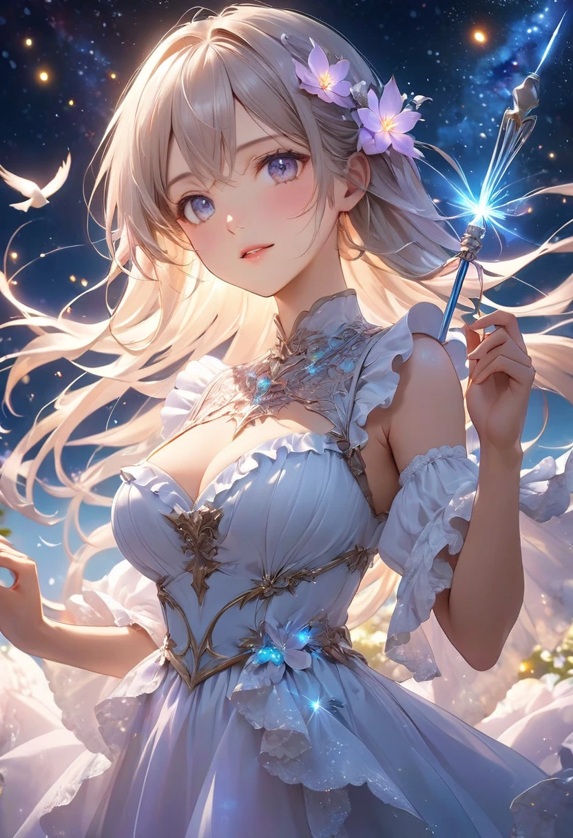 Highest quality, Super quality, 16K, Incredibly absurd, Very detailed, 2.5D, delicate and dynamic, Small faint lights and flying fireflies, night, Starry Sky, milky way, nebula, shooting star, Flowers, birds, wind and moon, Extremely delicate facial expression, Delicate eye depiction, Upper body close-up, erotic, sole sexy lady, healthy shaped body, 22 years old lady, White Devil Guide, 170cm tall, huge firm bouncing busts, Colorful magic wand, A long dress with a complex structure, A colorful long dress, frilly see-through long dress
