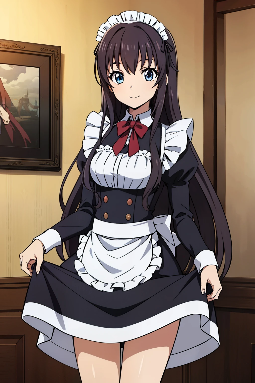 1 girl, cute, black hair, long hair, 髪band, (standing, skirt hold), (bowing), (smile), (Gothic coffee shop), ((maid)), (anime cels style, Masterpiece, best quality, high resolution, anime colored, megami magazine:1.2, anime poster style, anime keyvisual, sharp, 8k, photorealistic), beautiful blue eyes