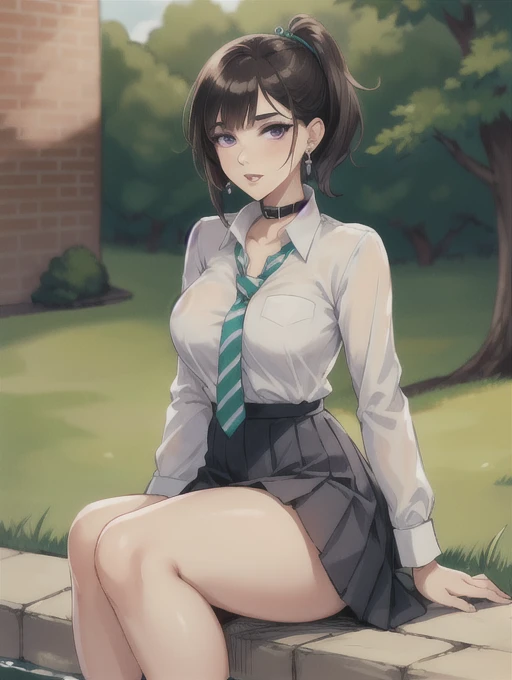 (masterpiece:1.3, top-quality, ultra high res, ultra detailed), (realistic, photorealistic:1.4), beautiful illustration, perfect lighting, natural lighting, colorful, depth of fields, surrealism,
beautiful detailed hair, beautiful detailed face, beautiful detailed eyes, beautiful clavicle, beautiful body, beautiful chest, beautiful thigh, beautiful legs, beautiful fingers, shiny skin, babyface,
looking at viewer, 1 girl, japanese, high school girl, (perfect anatomy, anatomically correct, super detailed skin), cute and symmetrical face, perfect face, perfect eyes,
(middle hair, bob cut, straight hair, copper tone hair), swept bangs, brown eyes, drooping eyes, big eyes, long eyelashes, (large breasts:1.2, seductive thighs), slender, outstanding style,
((detailed cloth texture, white collared shirt, purple plaid pleated skirt, purple plaid bow tie), white socks, black loafer),
(beautiful scenery), evening, (grassy), squatting, (glowing eyes, lovely smile, open mouth),
