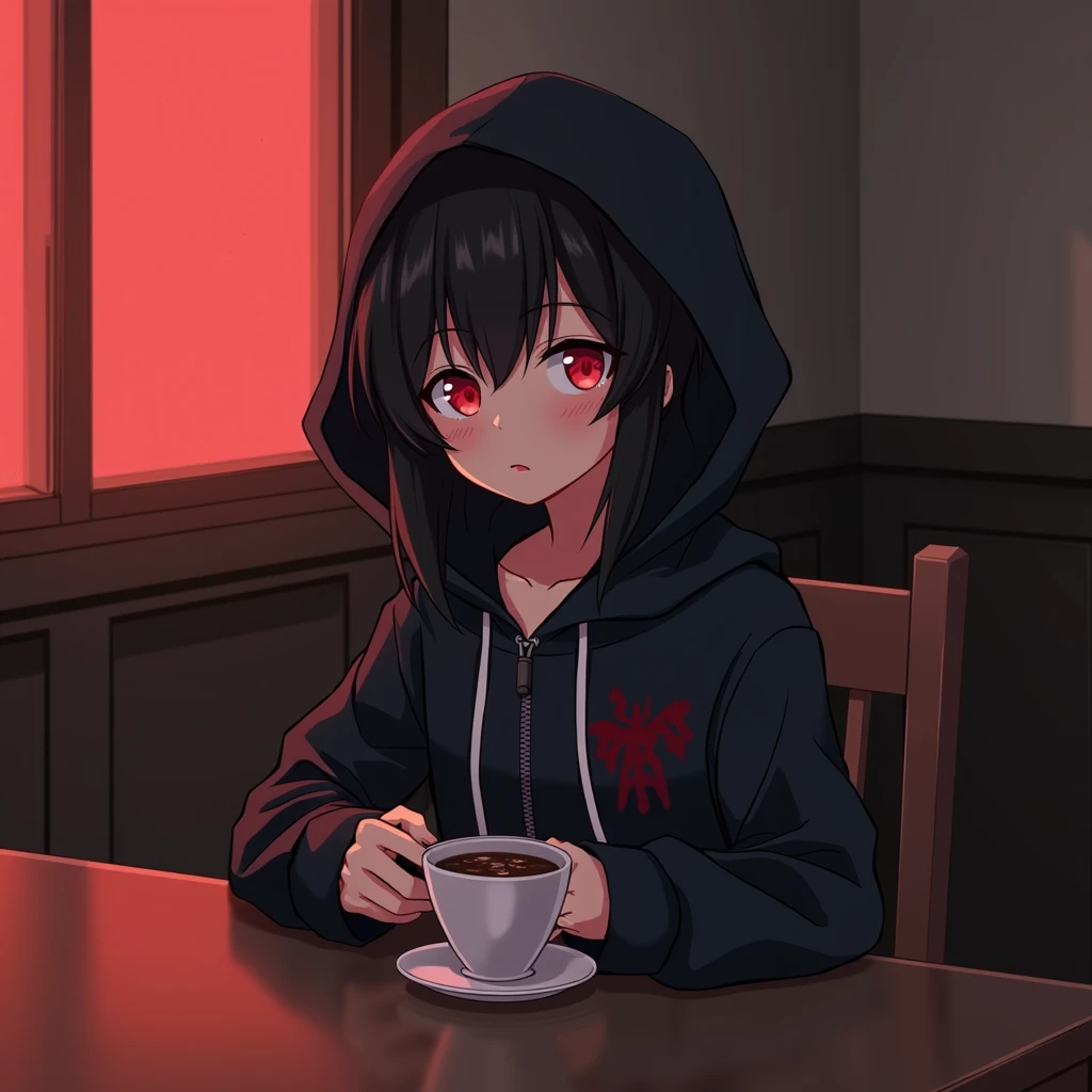 HoodieGirl, best quality, masterpiece, 1girl, black hair, pale skin, hair bun, <lora:HoodieGirl_Shep:1>, restaurant, sitting, table, chair, (black hoodie), black leggings, ripped leggings, black shoes, night, indoors, candles, plates, food, expressionless, liquid clothes, symbiote, monster, symbiote teeth