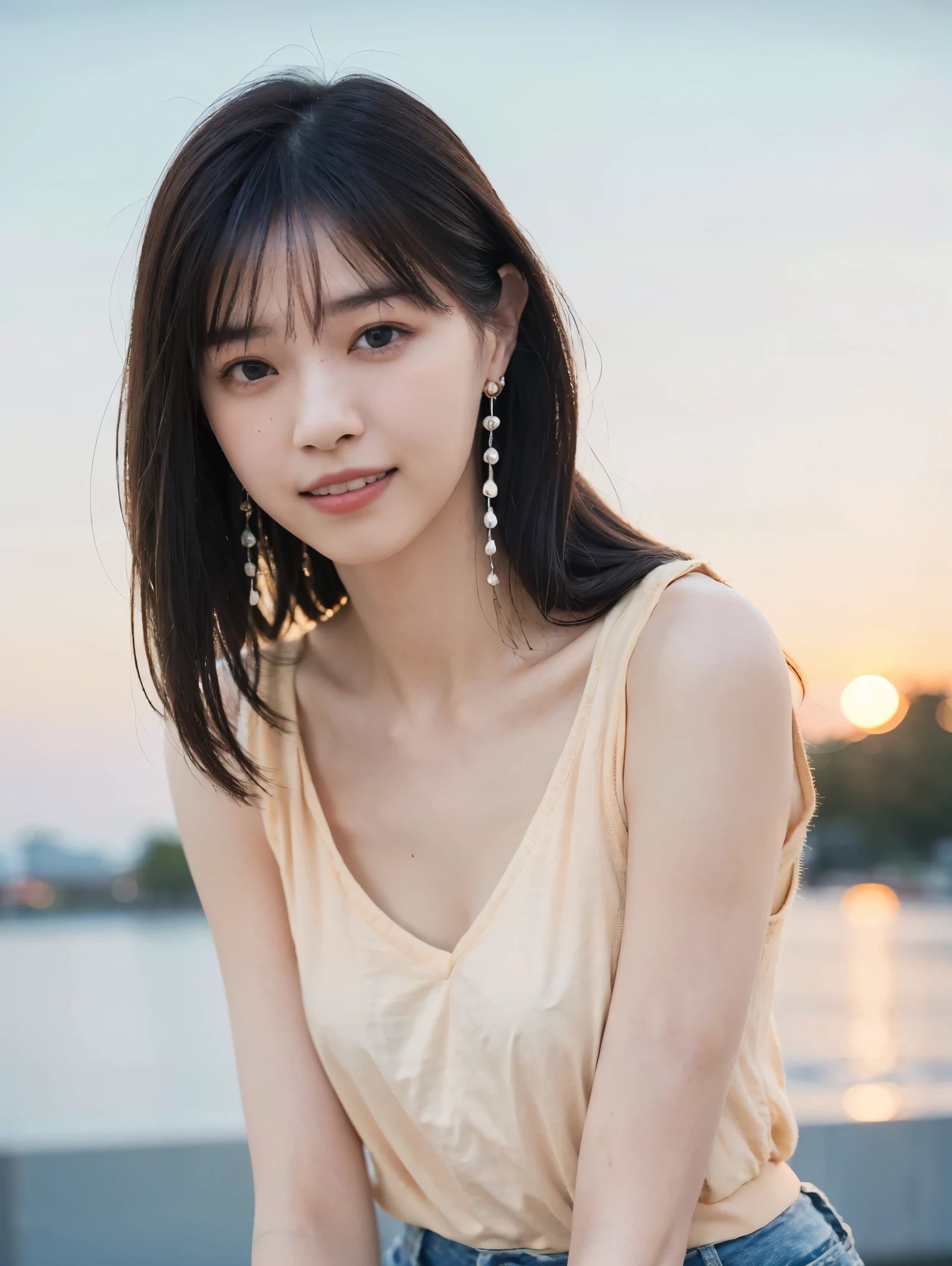 nsfw:1.2, from below:1.4,front focus:1.5,(8k RAW photo,Live Shooting, top quality, masterpiece:1.37), Extreme light and shadow, full body shot :1.5, Shiny Maroon Hair , long hair, , ( Clean brown eyes 、 Sparkling Eyes , fine grain)、smile、 Super Detailed Eyes Caught Between Pillars、 very detailed face 、 very detailed eyes ,, one girl, Alone、 Masterpiece , COWBOY SHOOTING 、 super high resolution,nsfw、 one girl, , ( short tank top, distressed denim mini shorts)), white skin,( Sunset Background:1.4),
