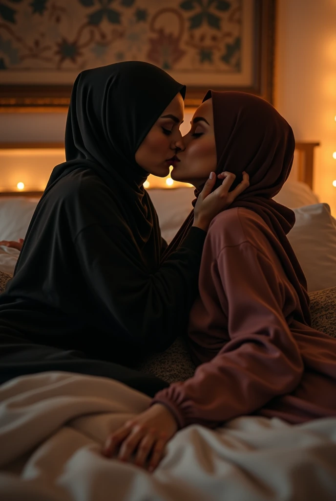 beautiful hijab indonesian lesbian girl laying down,hugging,french kiss,breast grope,view from far,,raining,juge breast