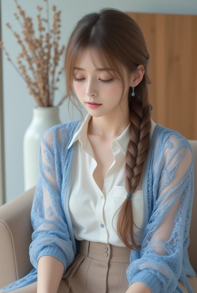 Subject: Young woman seated gracefully in a softly lit, minimalistic interior.
Hair: Long, ash-brown hair styled in a loose, thick braid with gentle curls at the ends, a few strands framing her delicate face.
Expression: Thoughtful and calm, gazing downward slightly, with a serene and reflective demeanor.
Top: Crisp white blouse with a button-down design, featuring a soft collar and a pocket on the chest.
Cardigan: Light blue cardigan with a gothic-inspired twist, featuring intricate lace-like patterns and a semi-transparent texture, emphasizing an elegant yet modern aesthetic.
Skirt: High-waisted beige skirt with a simple, flowing design, providing contrast to the textured cardigan.
Accessories: Delicate dangling earrings with a subtle blue gemstone, complementing the cardigan's color.
Background: Minimalist, softly blurred setting with neutral tones, including a vase with flowers and modern furniture that enhances the cozy atmosphere.
Lighting: Natural, diffused light highlighting her soft features and the intricate details of the cardigan, adding depth to the overall scene.





