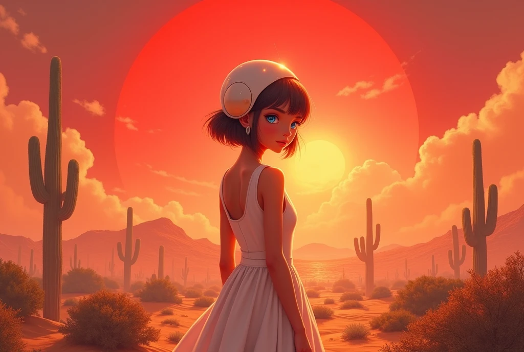 masterpiece:1.2,  A Huge Red Sunset That Sinks , desert,  wide shot:1.6, beautiful,   high definition,   cinematic lights,  Alien Girl ,  Her Eyes Are Almond-shaped ,  Her Eyes Are Sky Blue ,  Short Bob Hair Like A Helmet, 褐色の肌,  Pure White Sleeveless Dress , desert, Cactus, Landscape illustration, Picture book illustrations