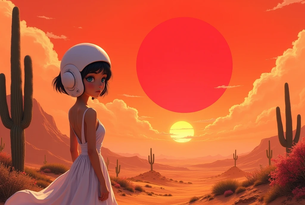 masterpiece:1.2,  A Huge Red Sunset That Sinks , desert,  wide shot:1.6, beautiful,   high definition,   cinematic lights,  Alien Girl ,  Her Eyes Are Almond-shaped ,  Her Eyes Are Sky Blue ,  Short Bob Hair Like A Helmet, 褐色の肌,  Pure White Sleeveless Dress , desert, Cactus, Landscape illustration, Picture book illustrations