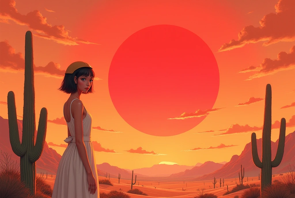 masterpiece:1.2,  A Huge Red Sunset That Sinks , desert,  wide shot:1.6, beautiful,   high definition,   cinematic lights,  Alien Girl ,  Her Eyes Are Almond-shaped ,  Her Eyes Are Sky Blue ,  Short Bob Hair Like A Helmet, 褐色の肌,  Pure White Sleeveless Dress , desert, Cactus, Landscape illustration, Picture book illustrations