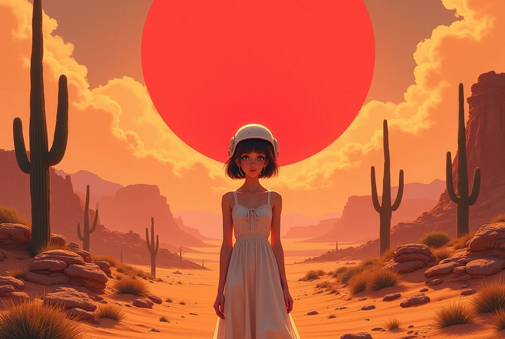 masterpiece:1.2,  A Huge Red Sunset That Sinks , desert,  wide shot:1.6, beautiful,   high definition,   cinematic lights,  Alien Girl ,  Her Eyes Are Almond-shaped ,  Her Eyes Are Sky Blue ,  Short Bob Hair Like A Helmet, 褐色の肌,  Pure White Sleeveless Dress , desert, Cactus, Landscape illustration, Picture book illustrations