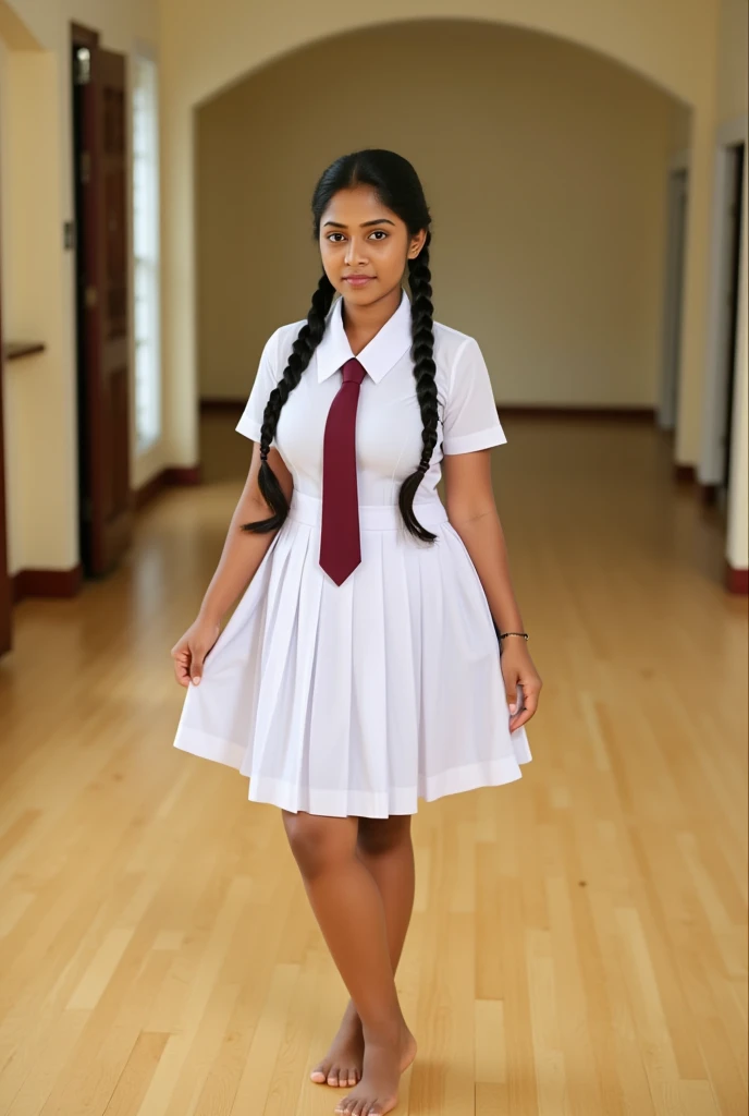 a beautiful cute  girl, Sri Lanka ,She has plaits, black braided long hair, correct anatomy of other body parts, large chest size , wearing detailed white frock uniform, wearing dark red colored tie , beautiful barefoot , full body , wide photo ,cinematic lighting, hyper-realistic, photorealistic, 8k, masterpiece, warm colors, natural lighting , high quality, intricate details, tan color skin, sweaty body, curvy body, seducing, at school dancing room