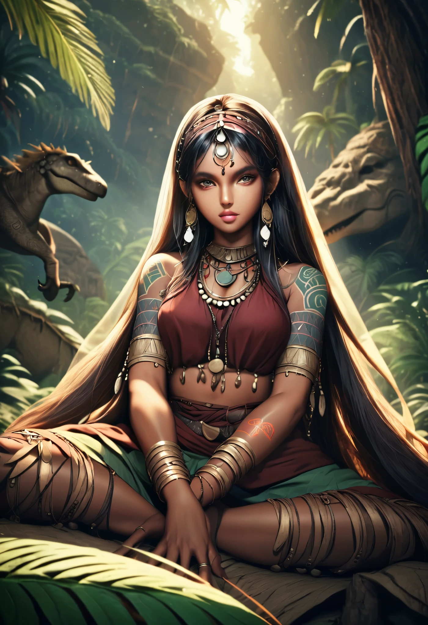 a female elf, detailed face, beautiful eyes, long eyelashes, full lips, tribal jewelry, tribal tattoos, dinosaurs, prehistoric scene, lush jungle environment, ancient ruins, dramatic lighting, vibrant colors, cinematic composition, 8k, high resolution, hyper detailed, Dynamic pose 