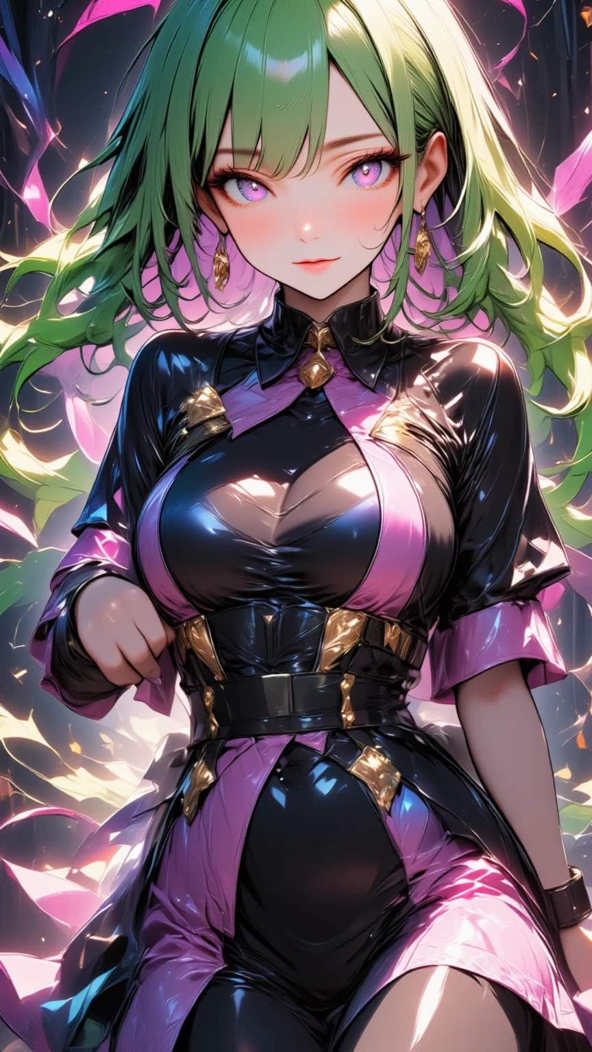  mature beautiful woman with ,(masterpiece, top quality, very detailed depiction , incredible high resolution ,High quality anime drawings),(Magical girl costume based on black and pink, Designed to combine demonic elements with classic maid features, Latex Bodysuit ,Latex pleated skirt ,Body net suit, black tights, thigh high boots ),( green hair,Swirling Eyes,Purple Eyes, Hollow Eyes:2.0, Mind Control,hypnotism, glamorous body, slender ,Curvaceous Body,stoic,Empty look, villain style makeup with dark lipstick and eyeshadow ,Fall,Fallen into evil,Being manipulated,Beautiful legs, healthy legs,),( Action Poses Like a Sci-fi Hero Show ), standing, cowboy shot