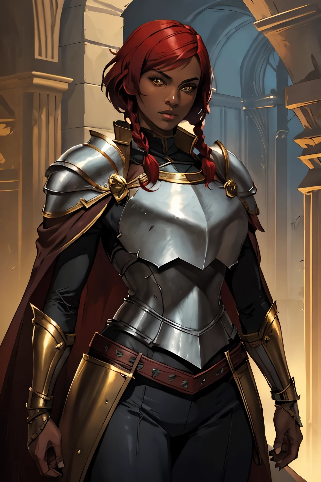 Original Character, Fantasy Concept Art, Volumetric Lighting, Best Shadows, Shallow Depth of Field, Portrait Of Noble Knight woman, Dignified, Delicate Tactical Heavy, Pauldrons, Tasset Belt, Gauntlet, Poleyn, High Quality Armor Texture, Broad Shoulders, Extremely Tall. Sword Scabbard, Standing Tall, Looking At Viewer,, (Highest Quality, Amazing Details:1.25), (Solo:1.3), Brilliant Colorful Paintings, BREAK, short hair, red hair, bob hairstyle, dark skin, yellow eyes, ((flat chest, flat breastplate)), twin_low_braids, BREAK, full armor, flat breastplate, pants , dark metal armor, gold trim, gray fur cape, night time