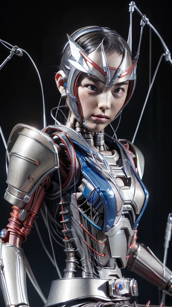 (((  Masterpiece  ))), ((( top quality))), (( very detailedな)), ( very detailed), (( closes the eye)), (( Kamen Rider )), ((Blue light)) (( so delicate and beautiful)),(A cute and delicate face),Cinematic Light,(( girl)),Alone,whole body,( A mechanical spine attached to the :1.4),(( Mechanical Hands )),( Blood Vessels Connected to Tubes ),(( MECHANICAL VERTEN ATTACHED TO THE BACK )),(( the cervical spine is mechanically attached to the neck )),(( sitting)), expressionless,( wire and cable connecting head and body :1.5),( characters),SF Black Hair　Sweaty face　cute　I'm wearing a robot suit 　  medium cup or larger boobs  　 Lying in Bed 