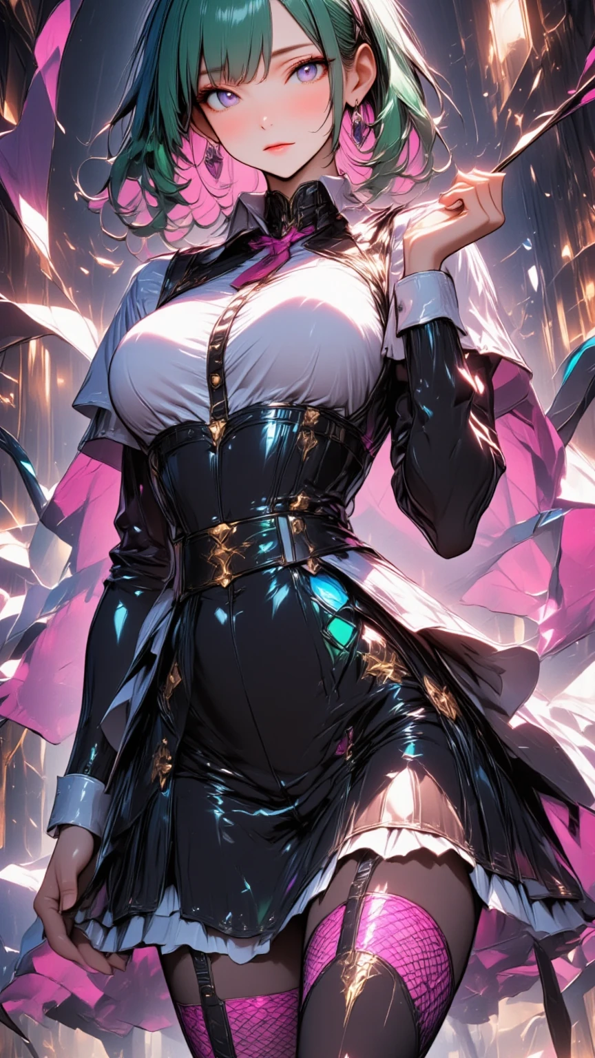  mature beautiful woman with ,(masterpiece, top quality, very detailed depiction , incredible high resolution ,High quality anime drawings),(Magical girl costume based on black and pink, Designed to combine demonic elements with classic maid features, Latex Bodysuit ,Latex pleated skirt ,Body net suit, black tights, thigh high boots ),( green hair,Swirling Eyes,Purple Eyes, Hollow Eyes:2.0, Mind Control,hypnotism, glamorous body, slender ,Curvaceous Body,stoic,Empty look, villain style makeup with dark lipstick and eyeshadow ,Fall,Fallen into evil,Being manipulated,Beautiful legs, healthy legs,),( Action Poses Like a Sci-fi Hero Show ), standing, cowboy shot