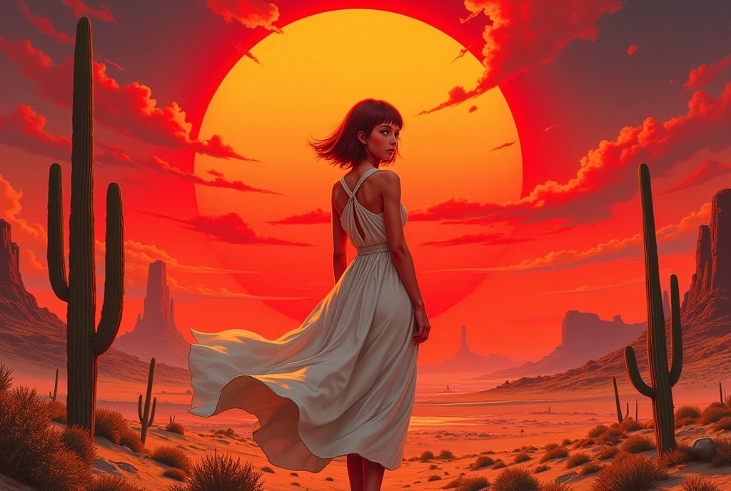 masterpiece:1.2,  A Huge Red Sunset That Sinks , desert,  wide shot:1.6, beautiful,   high definition,   cinematic lights,  Alien Girl , evildoer, Deformed alien girl ,  Her Eyes Are Almond-shaped ,  Her Eyes Are Sky Blue ,  short bob hair like a helmet, 褐色の肌,  Pure White Sleeveless Dress , desert, Cactus, Landscape illustration, Picture book illustrations