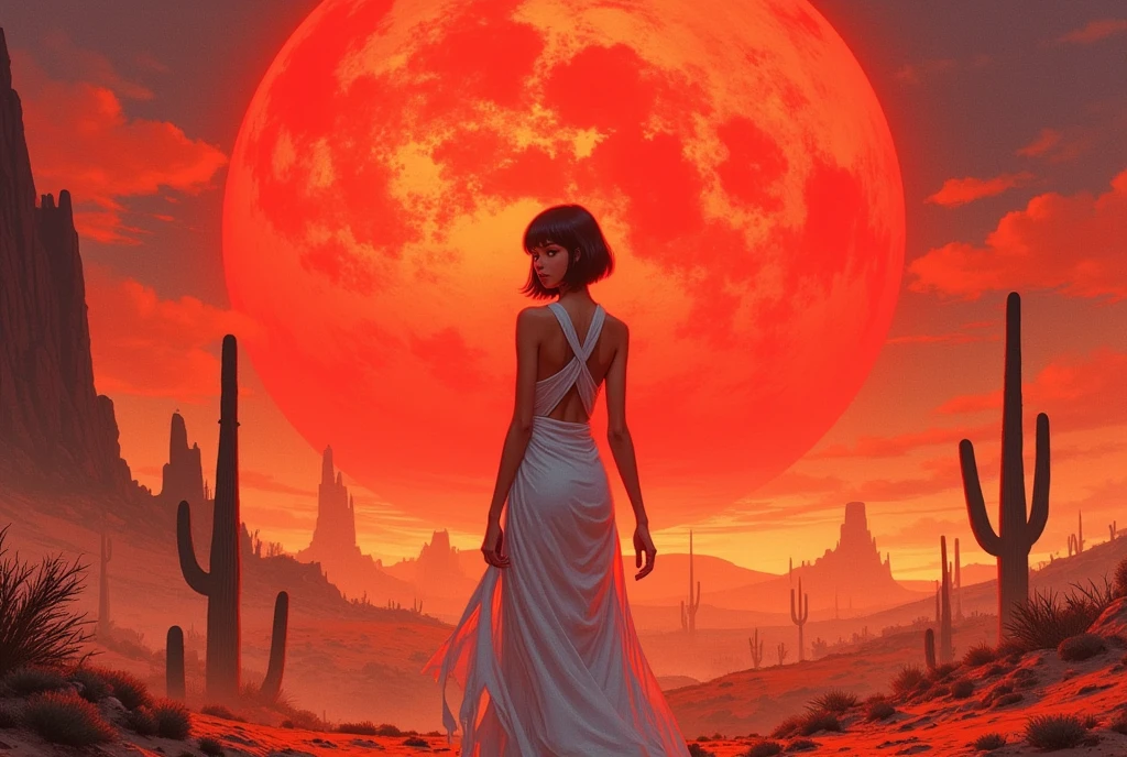 masterpiece:1.2,  A Huge Red Sunset That Sinks , desert,  wide shot:1.6, beautiful,   high definition,   cinematic lights,  Alien Girl , evildoer, Deformed alien girl ,  Her Eyes Are Almond-shaped ,  Her Eyes Are Sky Blue ,  short bob hair like a helmet, 褐色の肌,  Pure White Sleeveless Dress , desert, Cactus, Landscape illustration, Picture book illustrations