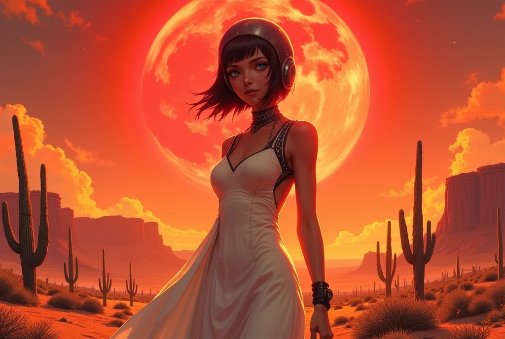 masterpiece:1.2,  A Huge Red Sunset That Sinks , desert,  wide shot:1.6, beautiful,   high definition,   cinematic lights,  Alien Girl , evildoer, Deformed alien girl ,  Her Eyes Are Almond-shaped ,  Her Eyes Are Sky Blue ,  short bob hair like a helmet, 褐色の肌,  Pure White Sleeveless Dress , desert, Cactus, Landscape illustration, Picture book illustrations