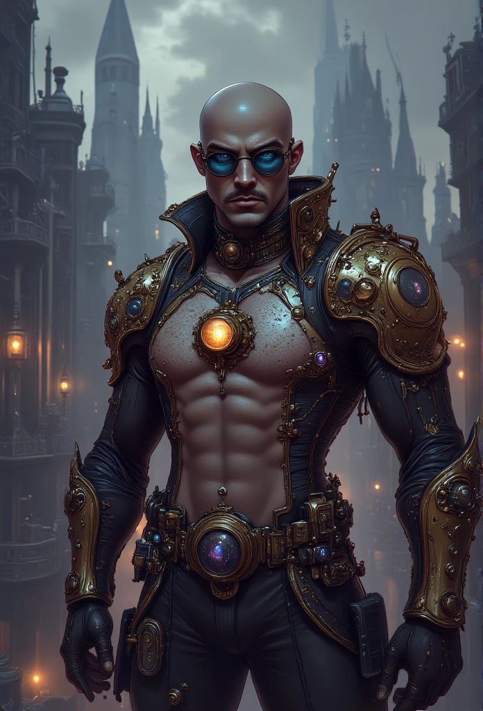 ((masterpiece)) ((photography)) ((Highest quality)) A realistic picture of a  muscular humanoid steampunk figure stands confidently on a futuristic city rooftop. He has a bald head, round glasses, and a prominent mustache. His torso is exposed, showcasing well-defined abs, while his body is adorned with intricate metallic body armor and gadgets, giving him a steampunk vibe. The background features a blurred skyline of towering skyscrapers under a moody, atmospheric sky that hints at a dystopian future. The overall color palette includes shades of gray, silver, and hints of warm light, creating a dramatic and formidable presence.