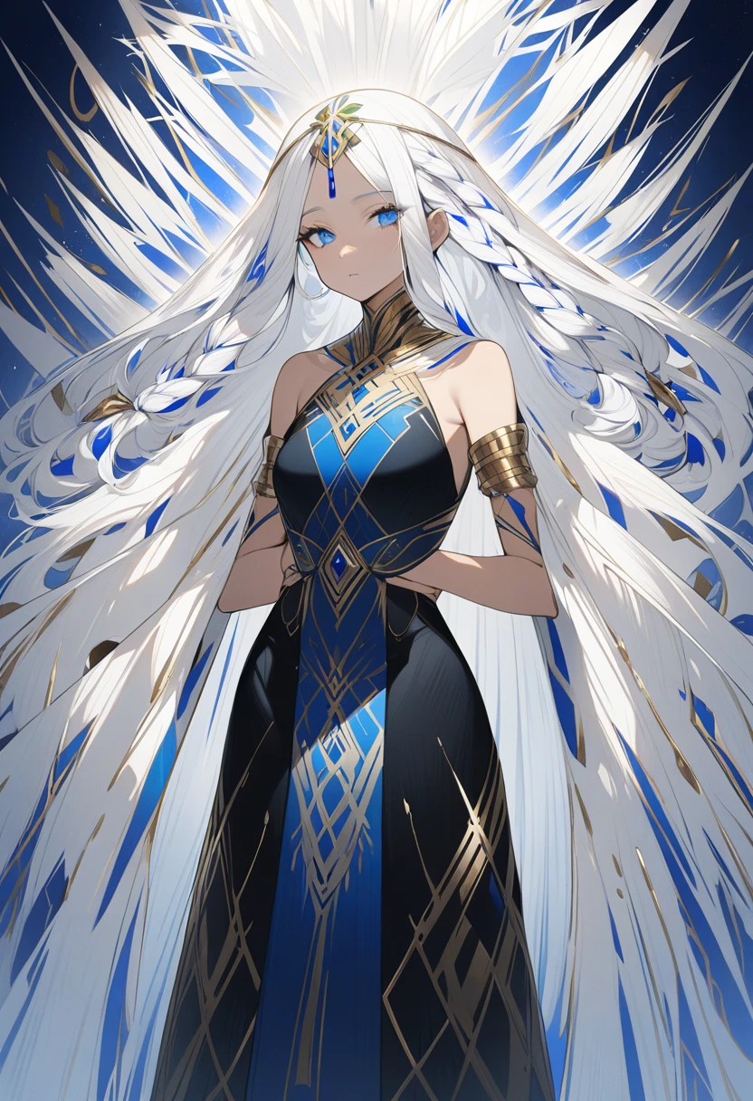 An incredibly beautiful woman with long white hair, curls at the end, curly short sidelocks and long tiny braid sidelocks and blue eyes, a narrow waist, perky ample bosom, flat sculpted stomach, wide hips, with White lashes, She usually wears a long black dark blue dress, with a square opening over her chest, and a high silver belt. The bottom of the dress resembles reeds. She wears a thick golden usekh or wesekh, with an inner layer of blue with golden gems or beads. She wears one thin silver armlet on each lower arm. She has blue markings over her eyes, and light blue markings under them.