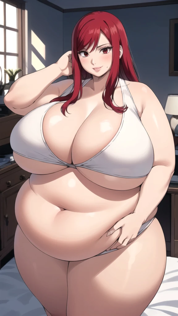 wearing pajamas in her room, cleavage,Erza Scartel, female, 25 years old, red hair, ruby red eyes, smiling and blushing, large breasts, well-shaped rear. Red hair, chubby, chubby girl, curvy, large breasts, lips, plump, thick thighs, thighs, (((oversized gigantic stomach)), curvy, large breasts, lips, plump, thick thighs, thighs, (((oversized gigantic stomach)), curvy, large breasts, lips, plump, thick thighs, thighs, (((oversized gigantic stomach)) huge breasts, huge belly, bloated belly, stuffed belly, plump, chubby, curvy, chubby girl, belly, big belly, fat belly, soft shading, detailed, semi-realistic, waltzpurgis