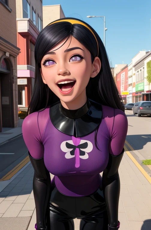 hyuuga hinata, vilett, black hair, purple eyes,  eyes,  long hair, 
hairband,red bodysuit, elbow gloves,  leather, 
upper body, standing,   smile,  open mouth, 
outdoors,  city, 
(insanely detailed, beautiful detailed face,beautiful detailed eyes, masterpiece, best quality),solo, 