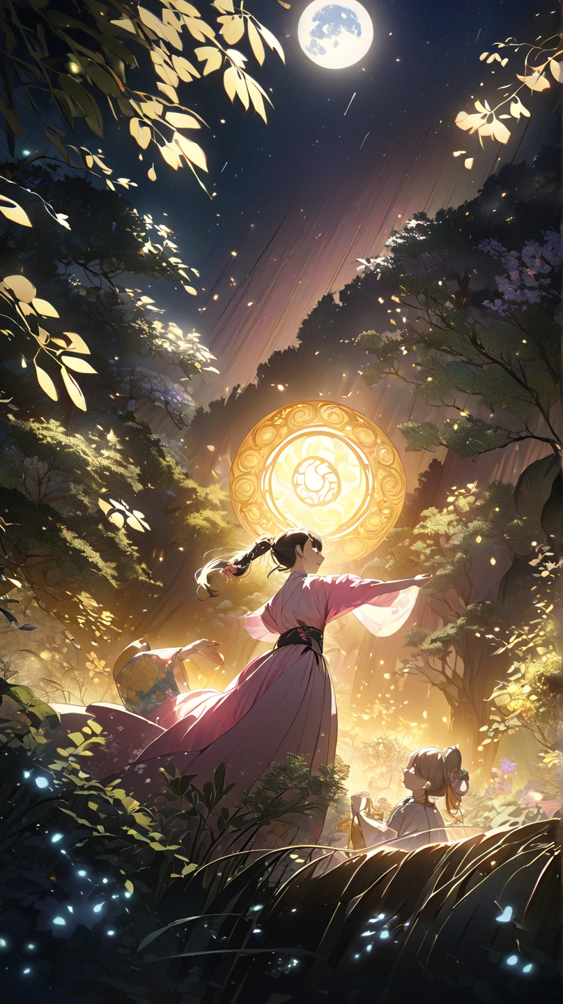 Dancing Zenitsu Agatsuma and Nezuko Kamado from Demon Slayer, holding hands while dancing in a mystical forest under the moonlight. The scene is illuminated by soft moonlight filtering through the trees and glowing fireflies, creating a magical, serene atmosphere. The fireflies form a glowing circle around them, emphasizing their joyful expressions and flowing motion. Zenitsu wears his signature yellow-patterned haori, and Nezuko is in her traditional pink kimono, both with intricate details. Highly detailed, ultra-realistic anime style, cinematic lighting, 8k ultra-high resolution, fantasy illustration