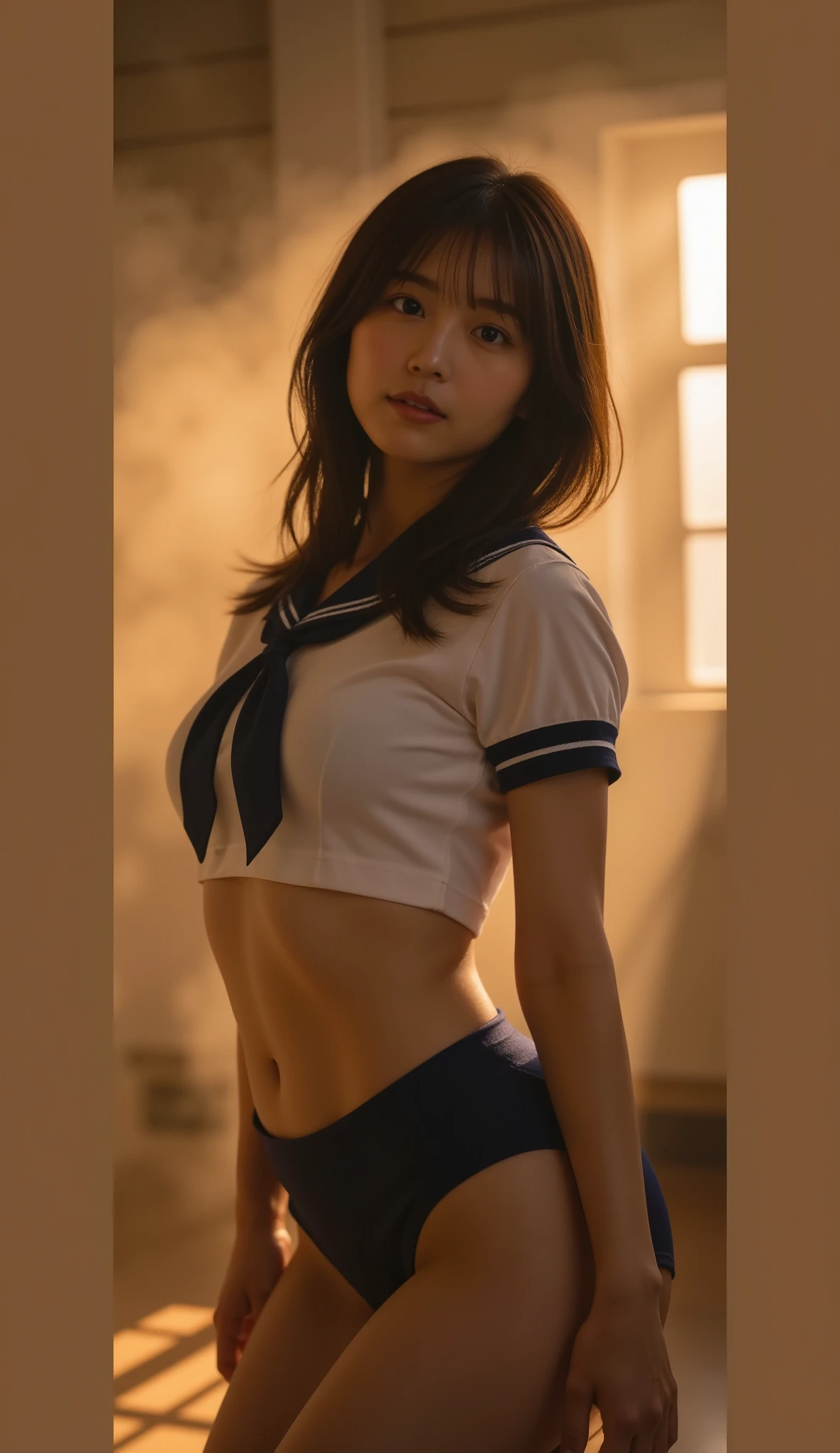  perfect composition on a board 、Proper placement、Golden Ratio、 above the knee shot 、 beautiful Japanese woman sitting in front of fireplace 、 brown hair、Ahoge:1.21、 Brown Eyes :1.21、 figure in a traditional school swimsuit at a prestigious high school in Tokyo、 perfect beauty、 Big Breasts :1.331、 plump figure :1.331、Thin limbs:1.331、Wide pelvis:1.331、 big butts:1.331、 Complete Anatomy :1.331、 I have a small head :1.331、  traditional sailor suit from a prestigious high school in Tokyo 、 white uniform、 short sleeve sailor suit:1.21、blessing:1.21、Sailor suit top:1.21、 Panties underneath :1.21、 navy blue silk panties :1.21、 perfect beauty、In a closed school 、The sunset is shining :1.21、Dust、vapor、 emotional and dynamic movie lighting 、