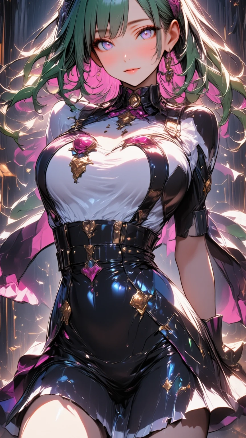  mature beautiful woman with ,(masterpiece, top quality, very detailed depiction , incredible high resolution ,High quality anime drawings),(Magical girl costume based on black and pink, Designed to combine demonic elements with classic maid features, Latex Bodysuit ,Latex pleated skirt ,Body net suit, black tights, thigh high boots ),( green hair,Swirling Eyes,Purple Eyes, Hollow Eyes:2.0, Mind Control,hypnotism, glamorous body, slender ,Curvaceous Body,stoic,Empty look, villain style makeup with dark lipstick and eyeshadow ,Fall,Fallen into evil,Being manipulated,Beautiful legs, healthy legs,),( Action Poses Like a Sci-fi Hero Show ), standing, cowboy shot