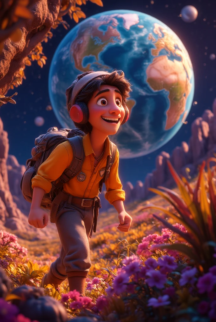  Picture a miniature globe along which a man with a backpack on his shoulders is walking, Lightweight camping uniform with a cap on his head and headphones , bright colors,  cartoon , Pixar style, masterpiece, 8 k,  complex textures ,  best quality,