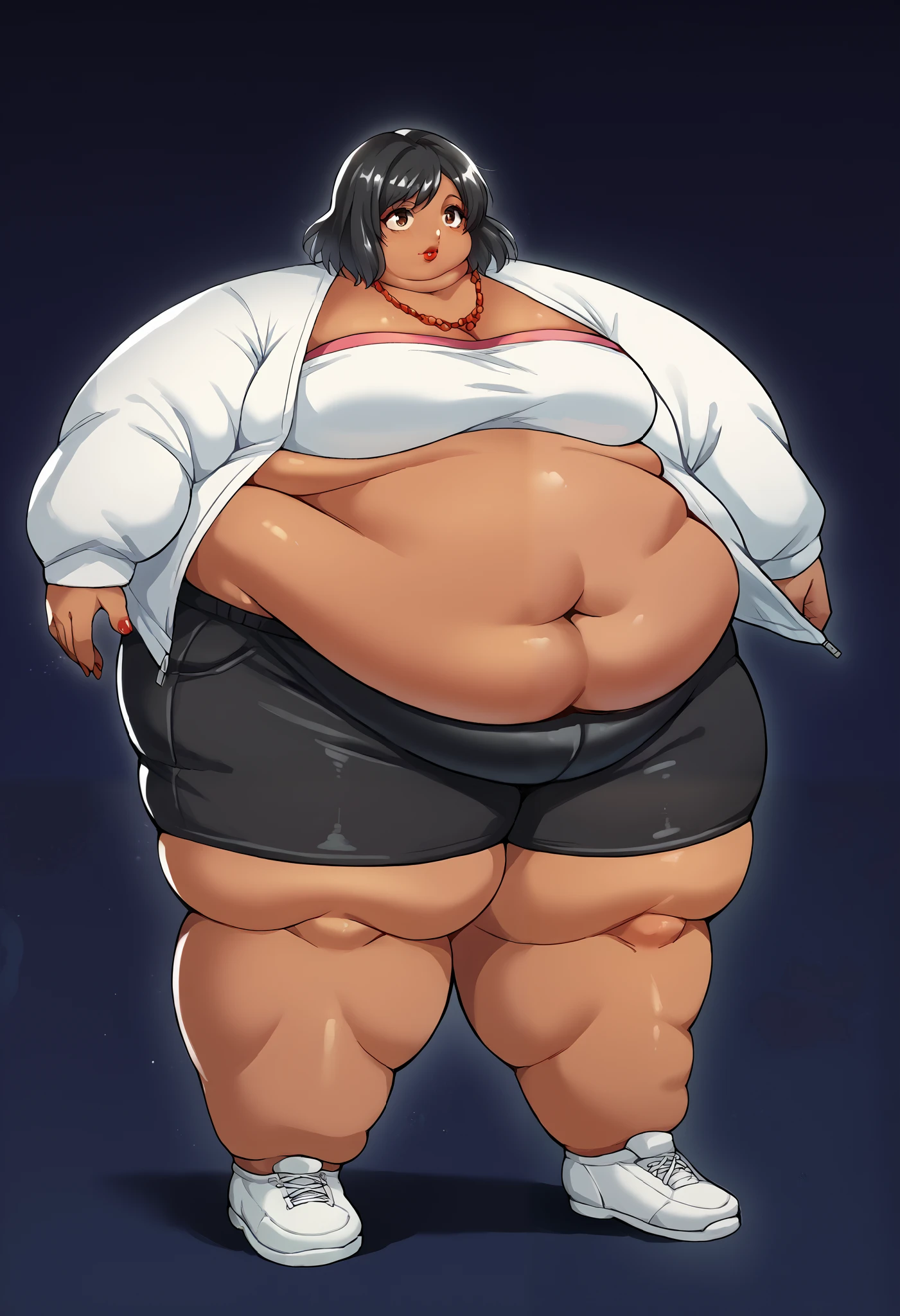 score_9, score_8_up, score_7_up, source_anime BREAK 1girl, solo, chounop5, black hair, medium hair, brown eyes, pink tube top, black bike shorts, white jacket, midriff, necklace, dark skin, lipstick, Red light district, Shinjuku, night, fat, chubby, obese, gigantic arms and legs full body,