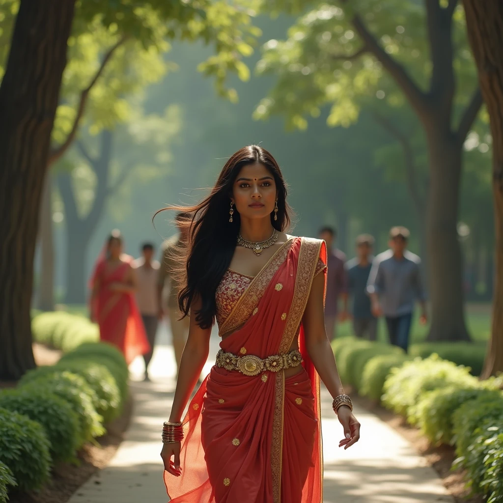 Beautiful indian woman posing, straight photoshoot pose, full body portrait, moonlit night, night time, winter, walking on forest path, detailed face, cute, big eyes, iconic, photorealistic, mountain temple, detailed background, big breasts, sexy thin saree, long wavy hair, cleavage, symmetric face, masterpiece, 8k, ultra realistic mala Parvathy
