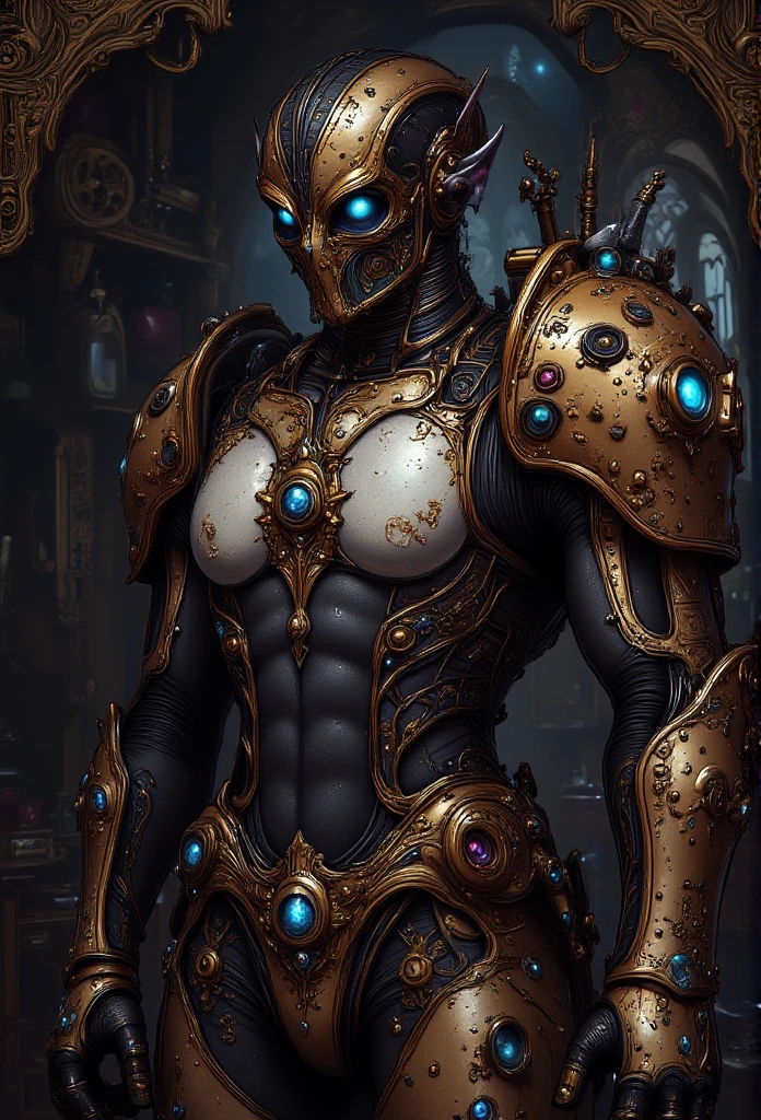 ((masterpiece)) ((photography)) ((Highest quality)) A hyper-realistic portrait of a futuristic cyborg with a muscular build, featuring intricate bronze and metallic components seamlessly integrated into its body. The cyborg has striking blue eyes that convey intelligence and depth. The background showcases a steampunk-inspired environment filled with gears and mechanical parts, adding to the sci-fi aesthetic. The lighting is dramatic, highlighting the textures and details of the cyborg's armor and the complexity of its design.