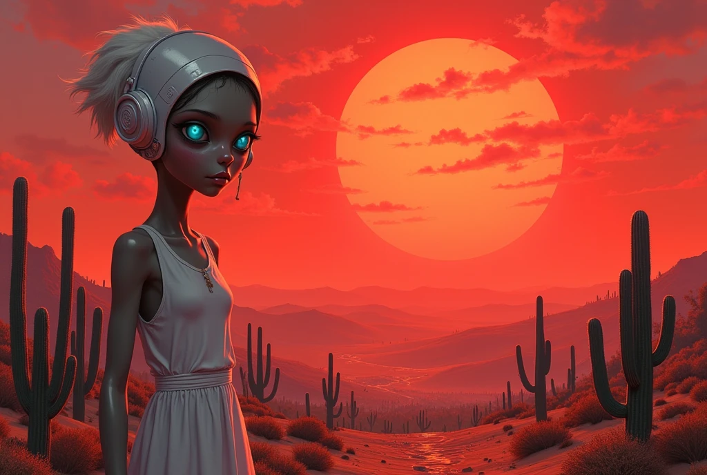 masterpiece:1.2,  A Huge Red Sunset That Sinks , desert,  wide shot:1.6, beautiful,   high definition,   cinematic lights,  Alien Girl , evildoer,  deformed alien girl, ((pupil, Almond-shaped , 白目が存在しないブルーのpupil, Very large), ( white short bob hair ,  helmet shaped ), 褐色の肌,  Pure White Sleeveless Dress , desert, Cactus, Landscape illustration, Picture book illustrations