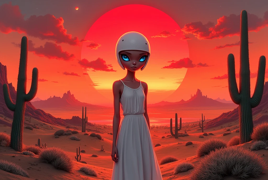 masterpiece:1.2,  A Huge Red Sunset That Sinks , desert,  wide shot:1.6, beautiful,   high definition,   cinematic lights,  Alien Girl , evildoer,  deformed alien girl, ((pupil, Almond-shaped , 白目が存在しないブルーのpupil, Very large), ( white short bob hair ,  helmet shaped ), 褐色の肌,  Pure White Sleeveless Dress , desert, Cactus, Landscape illustration, Picture book illustrations