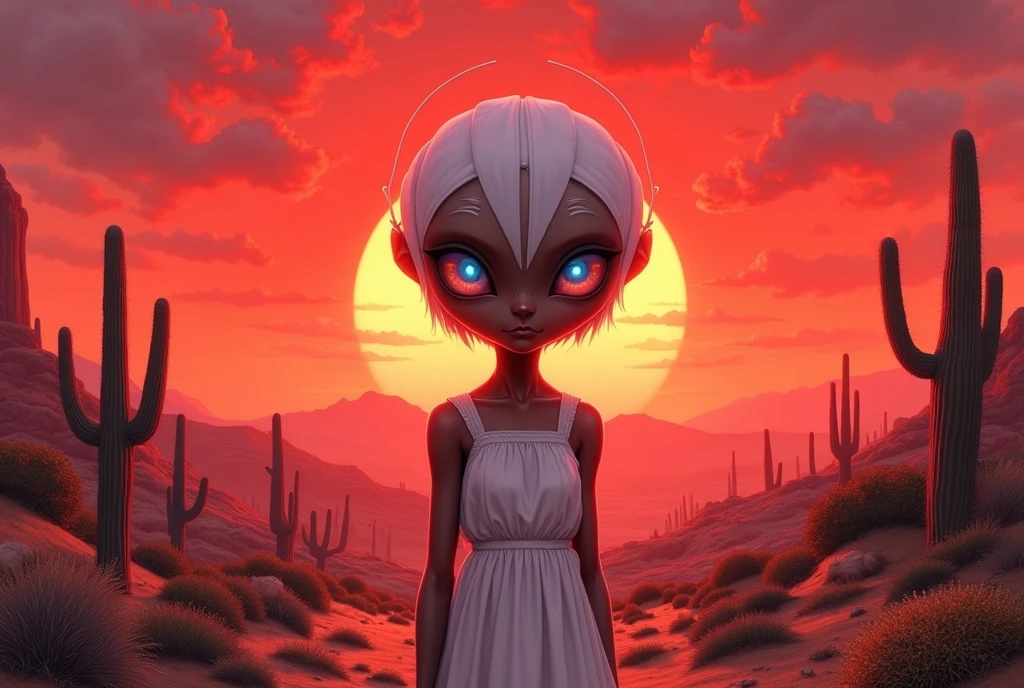 masterpiece:1.2,  A Huge Red Sunset That Sinks , desert,  wide shot:1.6, beautiful,   high definition,   cinematic lights,  Alien Girl , evildoer,  deformed alien girl, ((pupil, Almond-shaped , 白目が存在しないブルーのpupil, Very large), ( white short bob hair ,  helmet shaped ), 褐色の肌,  Pure White Sleeveless Dress , desert, Cactus, Landscape illustration, Picture book illustrations