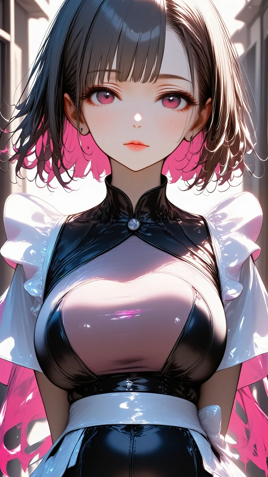  mature beautiful woman with ,(masterpiece, top quality, very detailed depiction , incredible high resolution ,High quality anime drawings),(Magical girl costume based on black and pink, Designed to combine demonic elements with classic maid features, Latex Bodysuit ,Latex pleated skirt ,Body net suit, black tights, thigh high boots ),( green hair,Swirling Eyes,Purple Eyes, Hollow Eyes:2.0, Mind Control,hypnotism, glamorous body, slender ,Curvaceous Body,stoic,Empty look, villain style makeup with dark lipstick and eyeshadow ,Fall,Fallen into evil,Being manipulated,Beautiful legs, healthy legs,),( Action Poses Like a Sci-fi Hero Show ), standing, cowboy shot