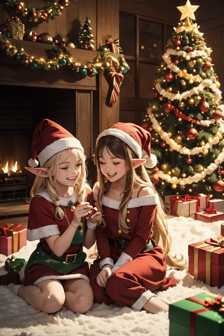 Create a joyful and festive image of Santa's elves decorating a Christmas tree. The elves should appear as traditional Christmas elves, not merely humans in costumes. They should have pointed ears, small statures, and wear colorful, whimsical clothing typical of Christmas elves. The scene is set in Santa's workshop, with a beautifully large Christmas tree that takes center stage. Several elves, with cheerful expressions and busy postures, are adorning the tree with various decorations like shiny baubles, twinkling lights, and glittering tinsel. The background should include elements of Santa's workshop, like toy-making tools and unfinished toys, to enhance the festive atmosphere. The overall mood should be warm and magical, capturing the spirit of the holiday season.