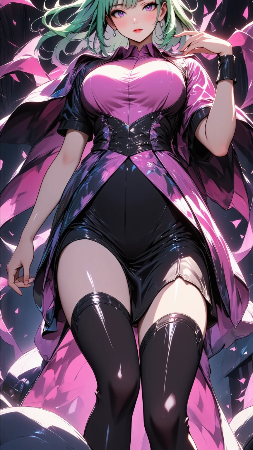  mature beautiful woman with ,(masterpiece, top quality, very detailed depiction , incredible high resolution ,High quality anime drawings),(Magical girl costume based on black and pink, Designed to combine demonic elements with classic maid features, Latex Bodysuit ,Latex pleated skirt ,Body net suit, black tights, thigh high boots ),( green hair,Swirling Eyes,Purple Eyes, Hollow Eyes:2.0, Mind Control,hypnotism, glamorous body, slender ,Curvaceous Body,stoic,Empty look, villain style makeup with dark lipstick and eyeshadow ,Fall,Fallen into evil,Being manipulated,Beautiful legs, healthy legs,),( Action Poses Like a Sci-fi Hero Show ), standing, cowboy shot