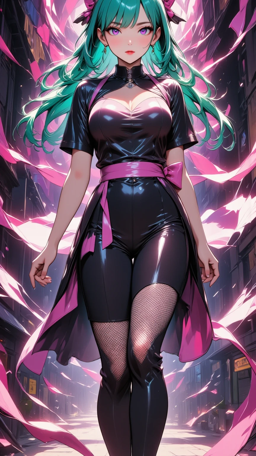  mature beautiful woman with ,(masterpiece, top quality, very detailed depiction , incredible high resolution ,High quality anime drawings),(Magical girl costume based on black and pink, Designed to combine demonic elements with classic maid features, Latex Bodysuit ,Latex pleated skirt ,Body net suit, black tights, thigh high boots ),( green hair,Swirling Eyes,Purple Eyes, Hollow Eyes:2.0, Mind Control,hypnotism, glamorous body, slender ,Curvaceous Body,stoic,Empty look, villain style makeup with dark lipstick and eyeshadow ,Fall,Fallen into evil,Being manipulated,Beautiful legs, healthy legs,),( Action Poses Like a Sci-fi Hero Show ), standing, cowboy shot