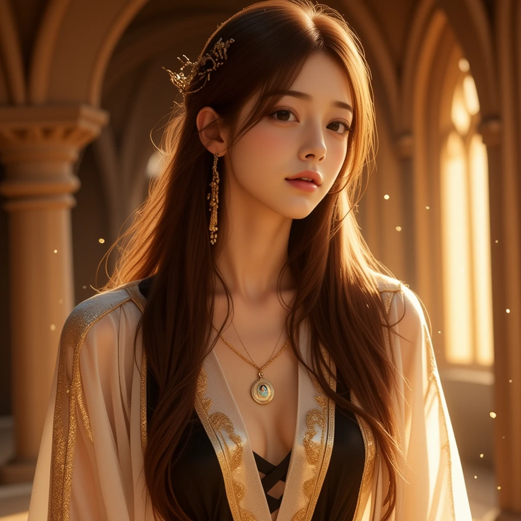 Subject: A young asian woman with an ethereal and regal presence, glowing under warm, golden light.
Hair: Dark, wavy hair cascading loosely around her shoulders, accentuated by golden hair accessories that shimmer with the light. The strands are styled to evoke an elegant yet natural flow.
Expression: Calm and poised, her gaze is direct yet soft, exuding confidence and mystique.
Outfit: A layered robe featuring a combination of light ivory and deep black fabrics. The outer layer has intricate golden embroidery, emphasizing a celestial and luxurious aesthetic.
Accessories: Fine, golden earrings with delicate designs that match her hair ornaments. A thin, golden chain necklace adds a touch of understated elegance.
Background: A softly lit environment with arched windows, evoking a cathedral-like or enchanted setting. The interplay of light and shadow creates a dreamy, almost magical ambiance.
Lighting: Warm, golden rays illuminate her silhouette, creating a halo-like effect. The soft glow emphasizes the textures of her outfit and the gentle blush on her cheeks.
Lighting: Natural, diffused light highlighting her soft features and the intricate details of the cardigan, adding depth to the overall scene.





