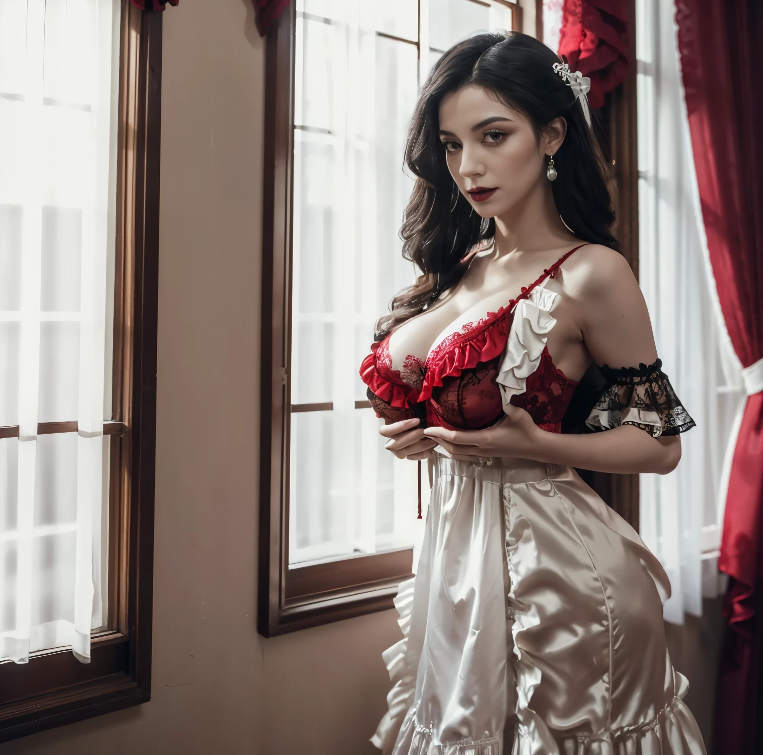 8K quality,  Masterpiece,  Bright Artistic Lighting,  super real ,  high chroma, A room in an aristocrat house with warm lighting , A beautiful girl standing by the window with only her chest sticking out of her voluminous dress, (red bra:1.3), (A luxurious black and white gothic dress with plenty of ruffles and lace on a silk background:1.3), breast grab, 